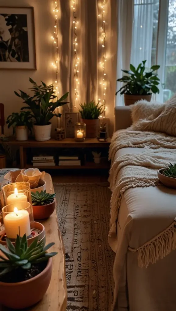 34 Inspiring Boho Living Room Hippie Ideas to Transform Your Space 5 5. Layer with String Lights and Soft Glow