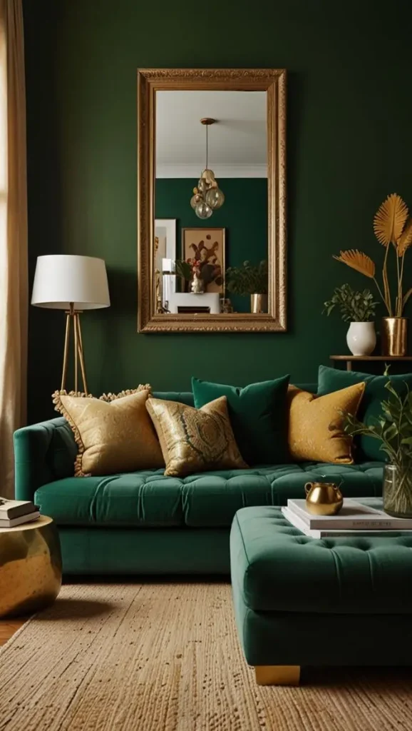 19 Stunning Boho Living Room Green Accent Wall Inspirations 7 5. Play with a Boho Living Room Green Accent Wall and Gold Accents