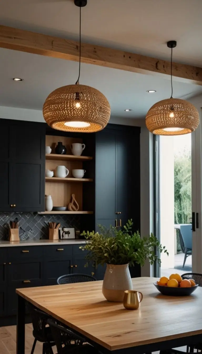 35 Boho Kitchen Black Cabinet Ideas to Elevate Your Space 7 5. Statement Lighting for Black Cabinet Spaces
