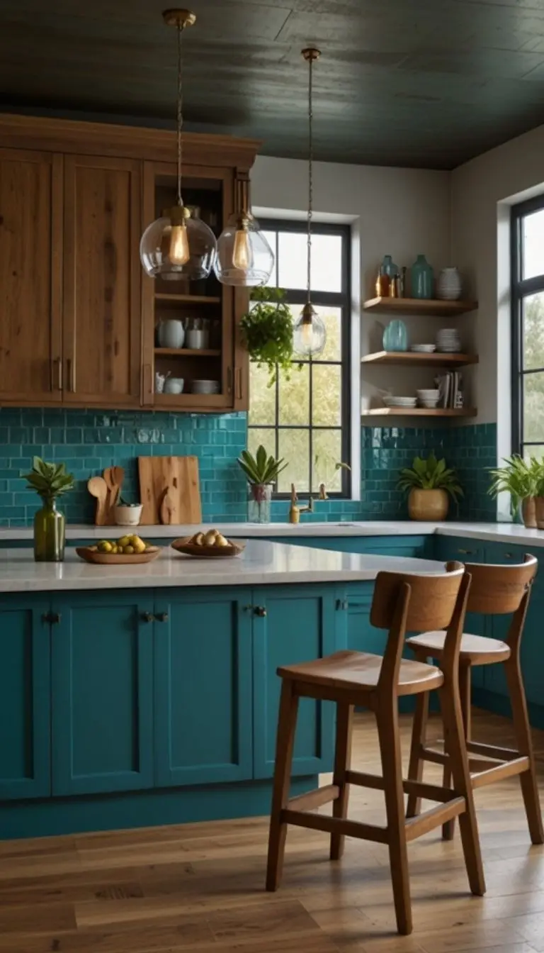32 Boho Kitchen Blue Color Schemes for a Chic, Vibrant Look 7 5. Teal and Turquoise With Greenery