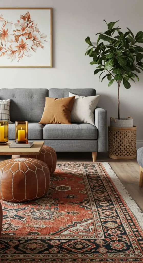 Chic Boho Living Room Rug Ideas for a Grey Couch – 35 Inspiring Looks 6 5. Tribal Textured Rugs