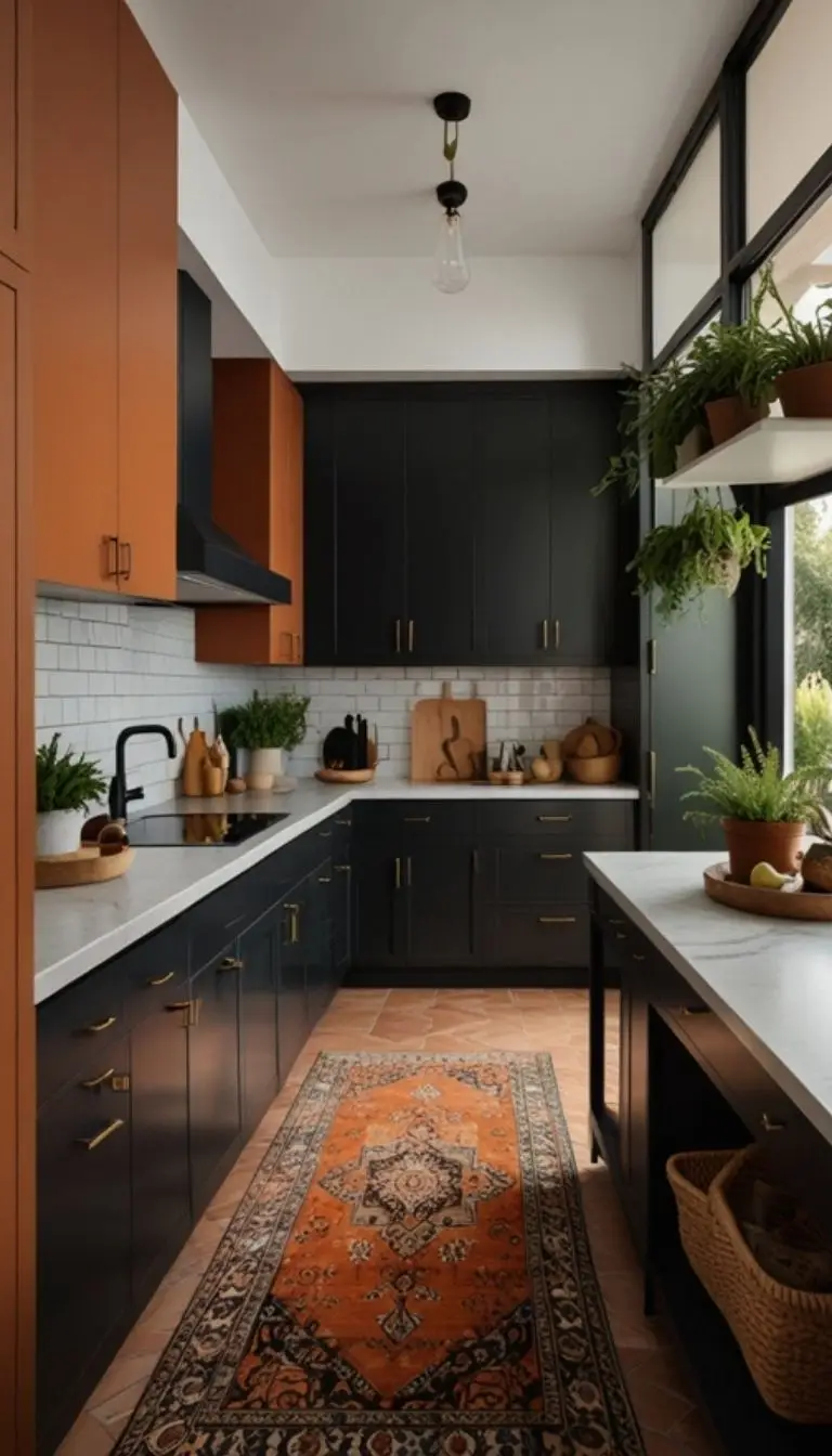 35 Boho Kitchen Black Cabinet Ideas to Elevate Your Space 8 6. Boho Rugs to Anchor the Design