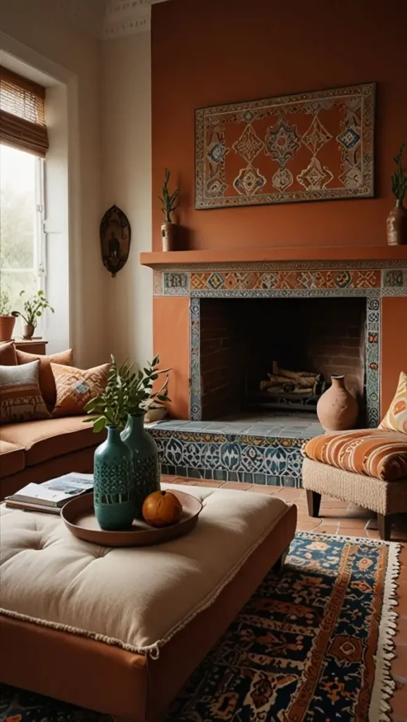 34 Stunning Boho Living Room Fireplace Decor Ideas to Inspire 7 6. Bold Patterns and Colors