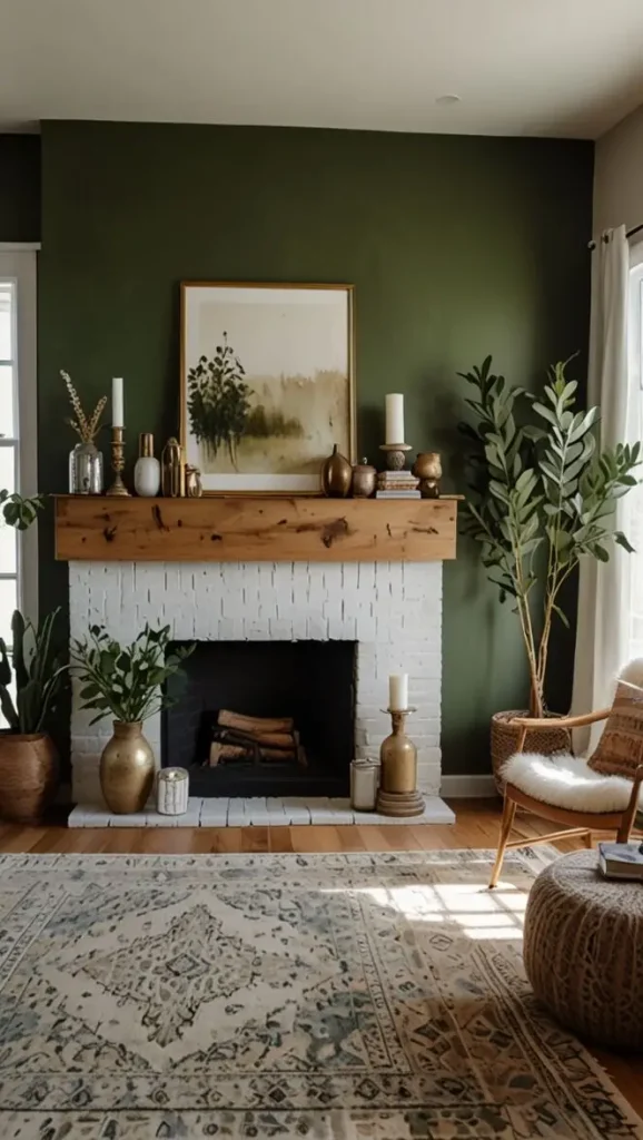 19 Stunning Boho Living Room Green Accent Wall Inspirations 8 6. Go Boho Rustic with a Green Textured Accent Wall