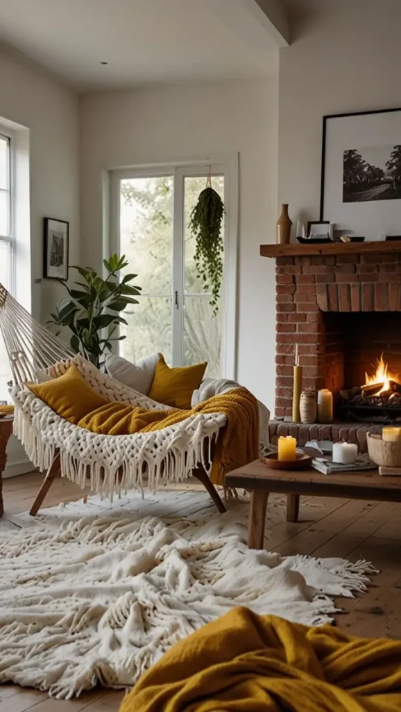 19 Cozy Boho Living Room Hammock Ideas for Relaxation 7 6. Hammock Paired with a Fireplace