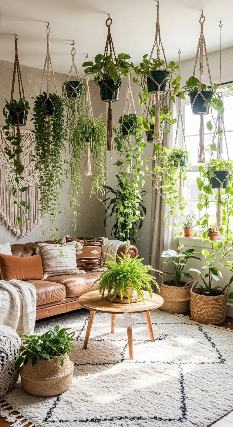 19 Best Ways to Style Boho Living Room Hanging Plants 7 6. Layer Different Plant Heights