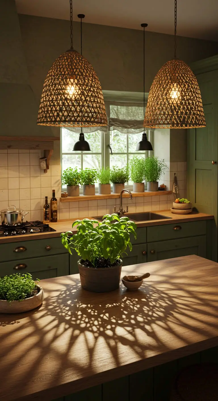 19 Natural Green Earthy Boho Kitchen Design Ideas 8 6. Play with Earthy Lighting