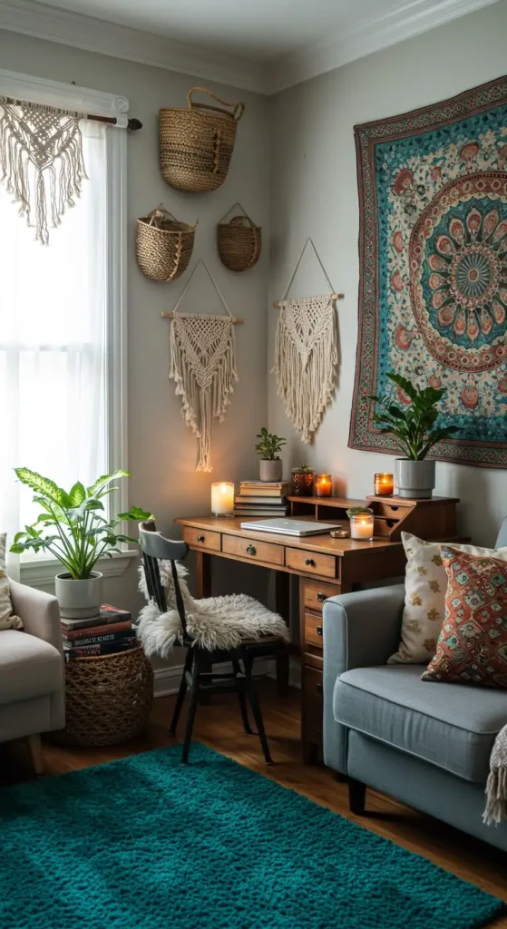 19 Stylish Boho Living Room Office Combo Setups 7 6. Small Space, Big Style