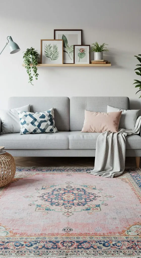 Chic Boho Living Room Rug Ideas for a Grey Couch – 35 Inspiring Looks 7 6. Subtle Watercolor Patterns