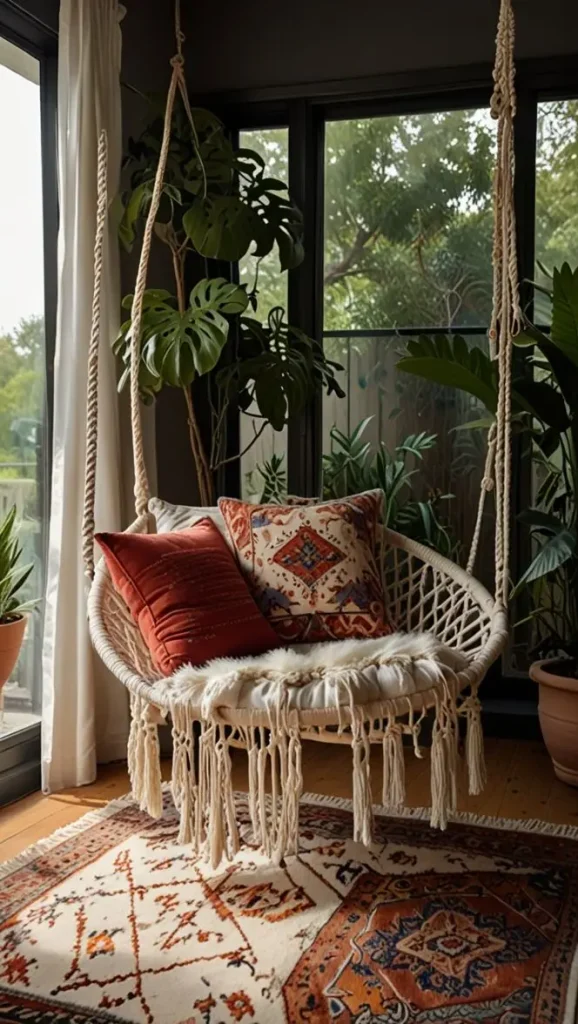 23 Comfy Boho Living Room Floor Seating Ideas for a Relaxed Space 8 6. Swing Chairs Close to the Floor