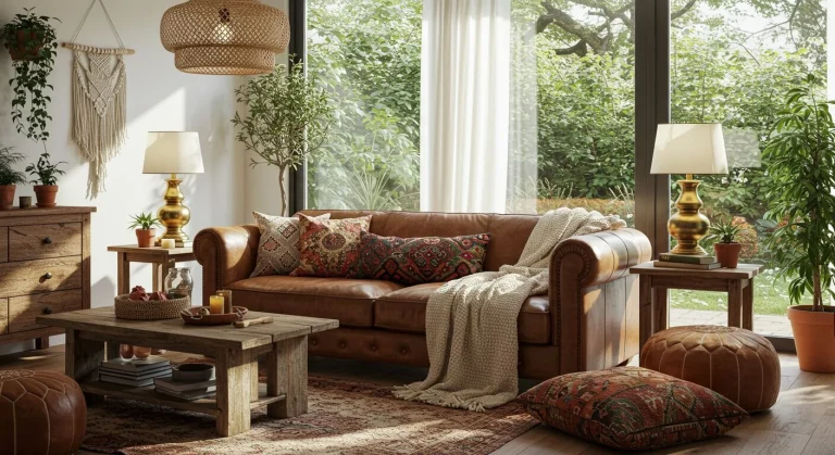 Boho Living Room Ideas with a Brown Leather Couch