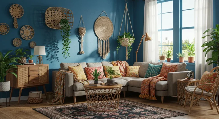 Boho Living Room Ideas with Blue Walls