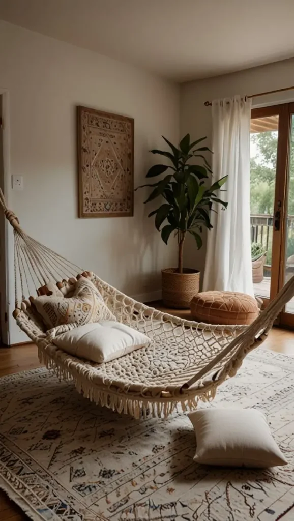 19 Cozy Boho Living Room Hammock Ideas for Relaxation 8 7. Create a Hammock Boho Meditation Zone