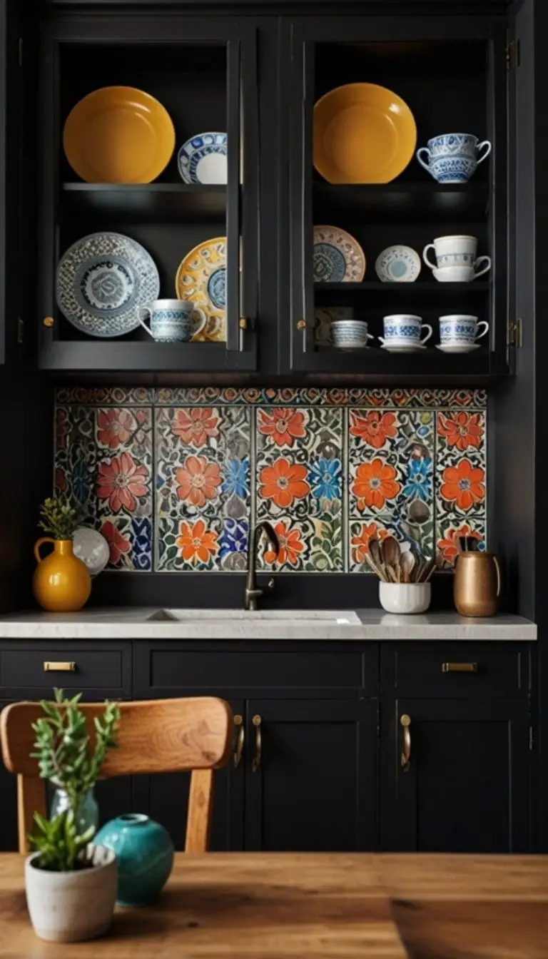 35 Boho Kitchen Black Cabinet Ideas to Elevate Your Space 9 7. Glass-Front Cabinets for an Airy Touch