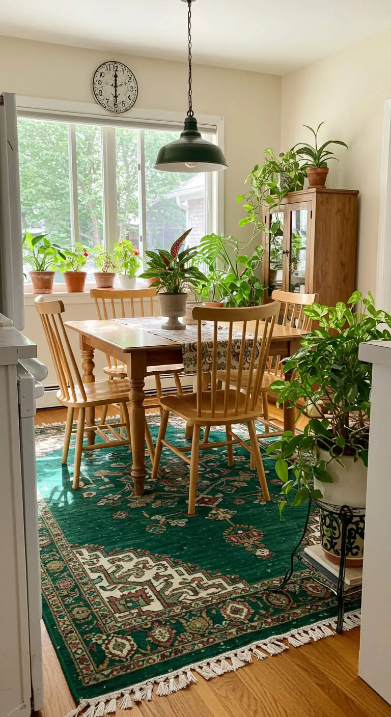 21 Stunning Emerald Green Boho Kitchen Inspirations 9 7. Layered Rugs with a Green Pop