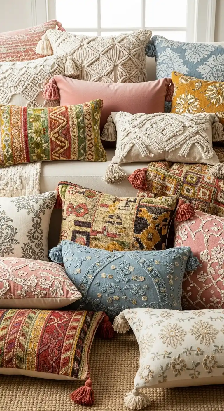 21 Cozy & Stylish Boho Living Room Pillows to Elevate Your Space 8 7. Mix Vintage and Modern Pillows