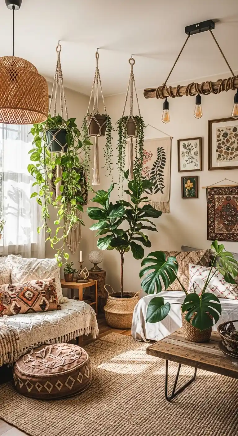 19 Best Ways to Style Boho Living Room Hanging Plants 8 7. Pair with Natural Light Fixtures
