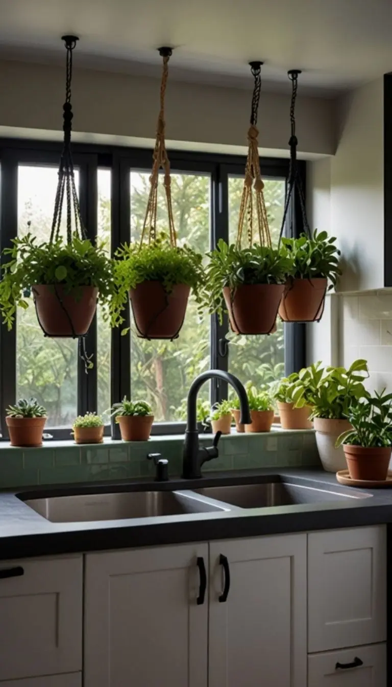 35 Boho Kitchen Black Cabinet Ideas to Elevate Your Space 10 8. A Pop of Greenery