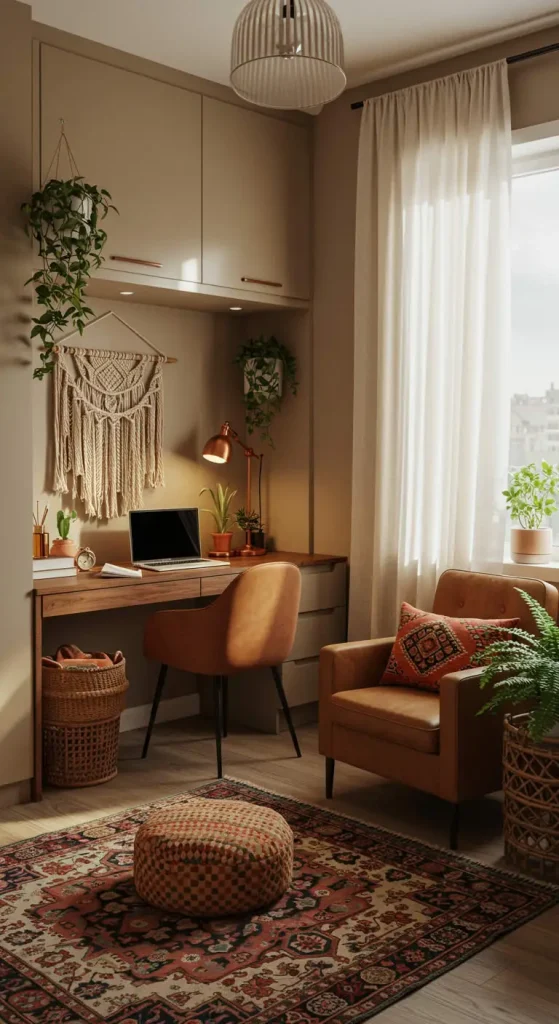 19 Stylish Boho Living Room Office Combo Setups 9 8. Add Artistry with Decor Elements