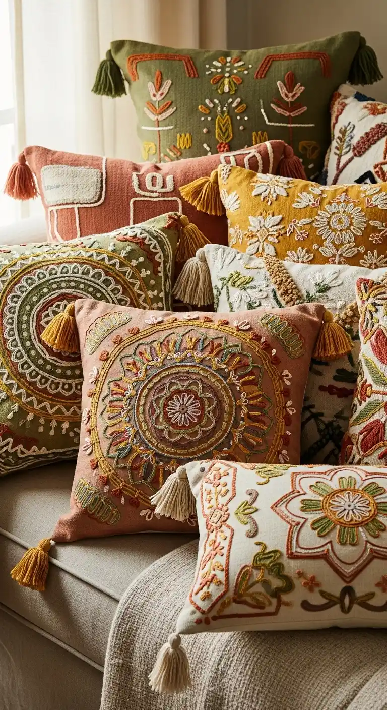 21 Cozy & Stylish Boho Living Room Pillows to Elevate Your Space 9 8. Add Embroidered Details