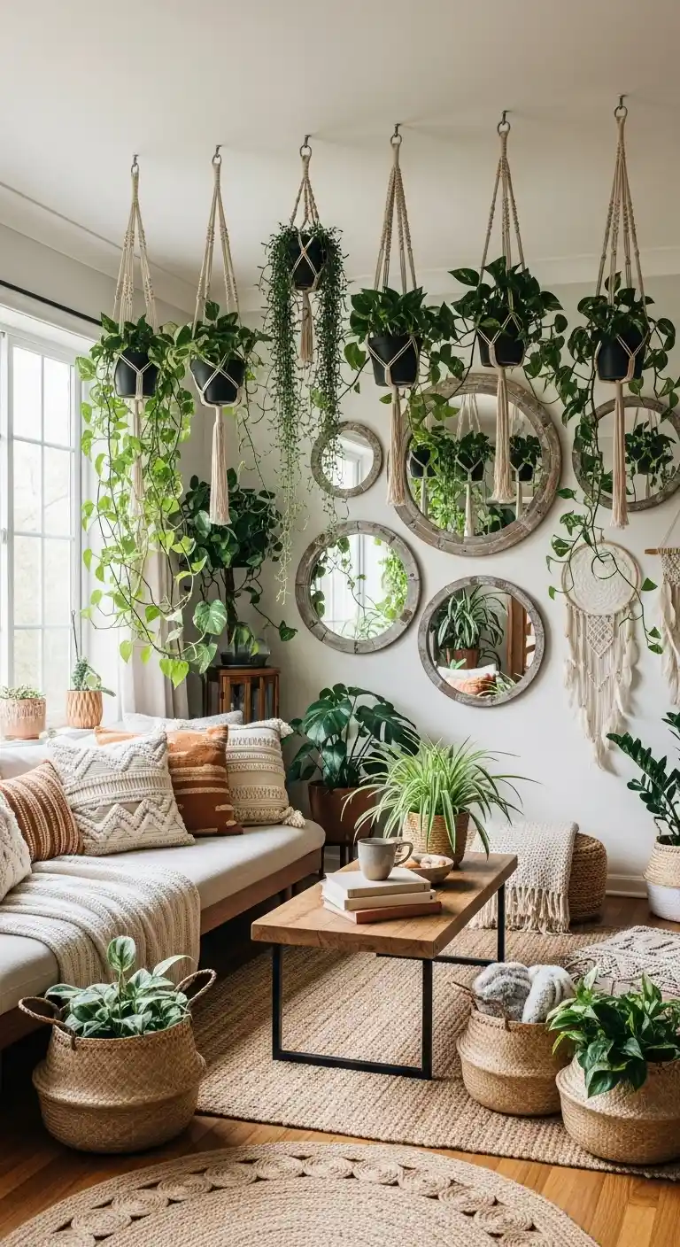 19 Best Ways to Style Boho Living Room Hanging Plants 9 8. Add Mirrors Behind Hanging Plants