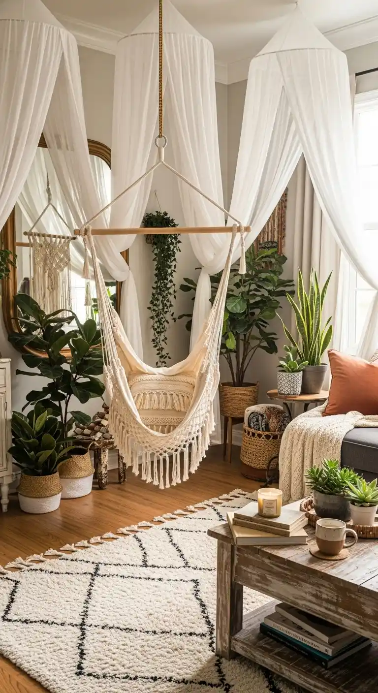 19 Cozy Boho Living Room Hammock Ideas for Relaxation 9 8. Boho Hammock with Canopy Drapes