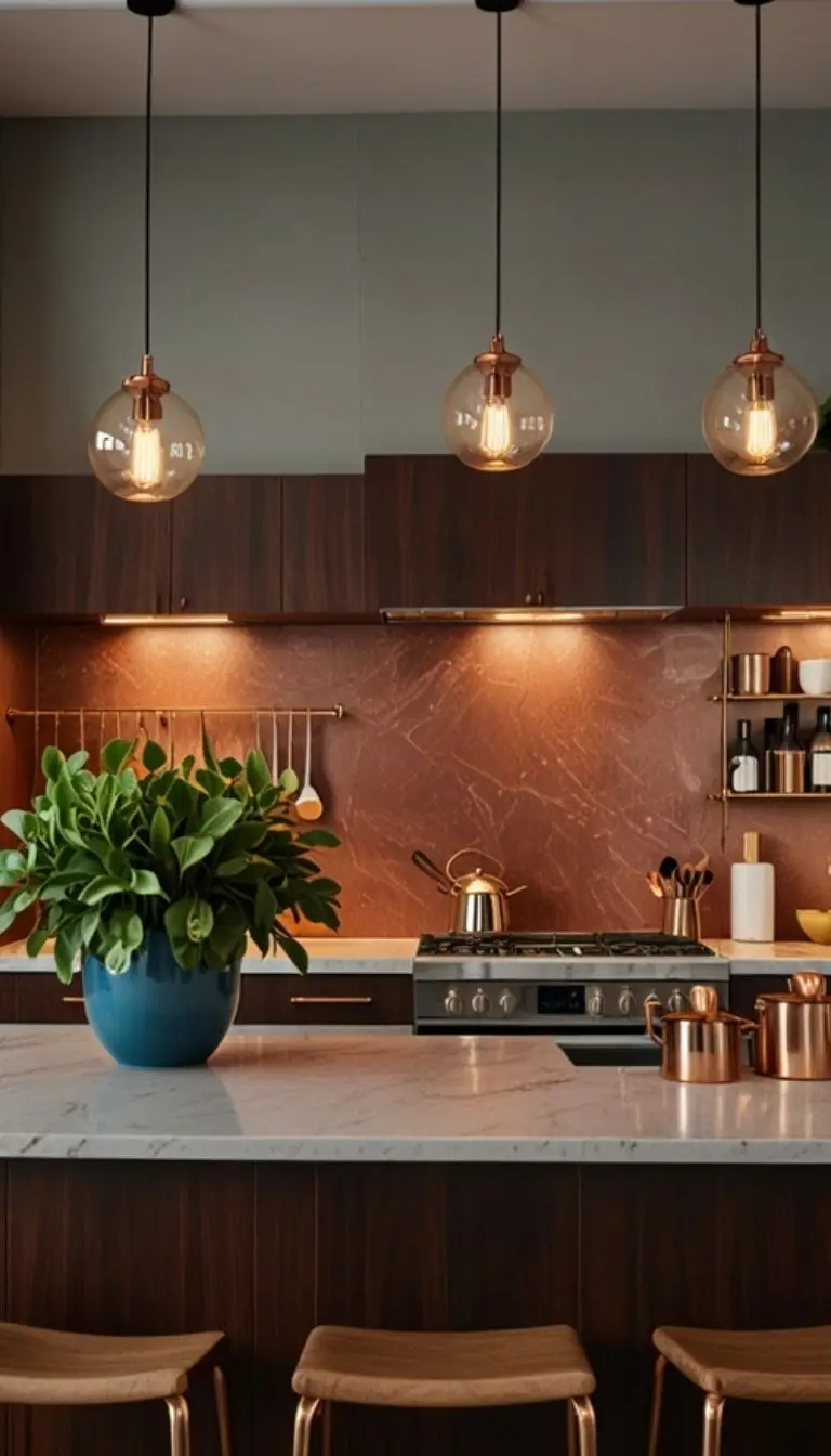 19 Boho Kitchen Brown Cabinet Designs to Inspire Your Next Remodel 10 8. Brighten Up With Metallic Pops