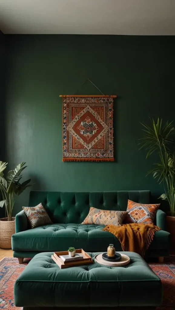 19 Stunning Boho Living Room Green Accent Wall Inspirations 10 8. Bring Drama with Velvet Furniture and a Green Accent Wall