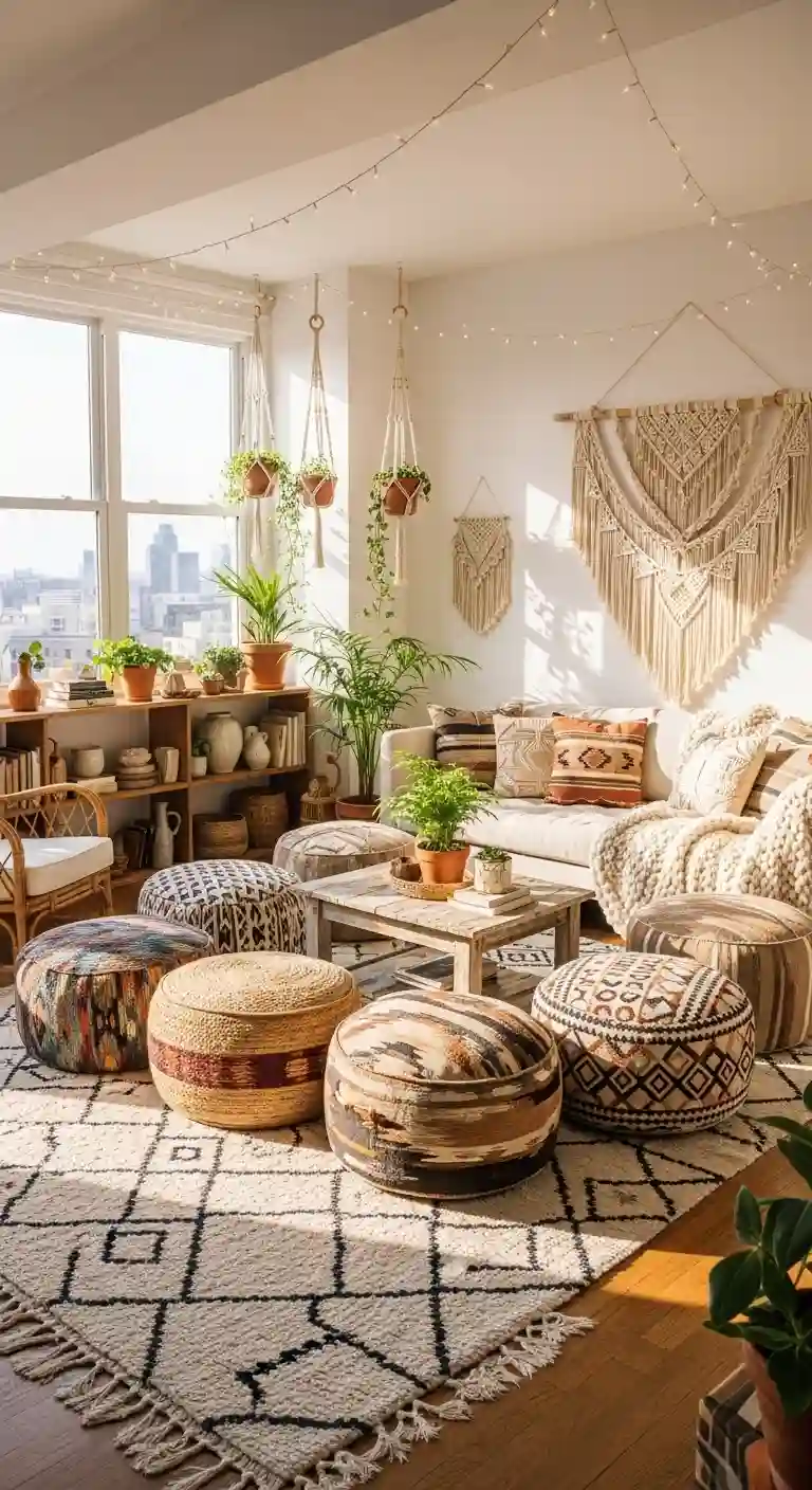 23 Comfy Boho Living Room Floor Seating Ideas for a Relaxed Space 10 8. Floor Ottomans with Storage
