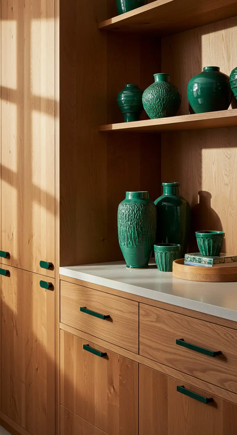 21 Stunning Emerald Green Boho Kitchen Inspirations 10 8. Green Hardware and Decor