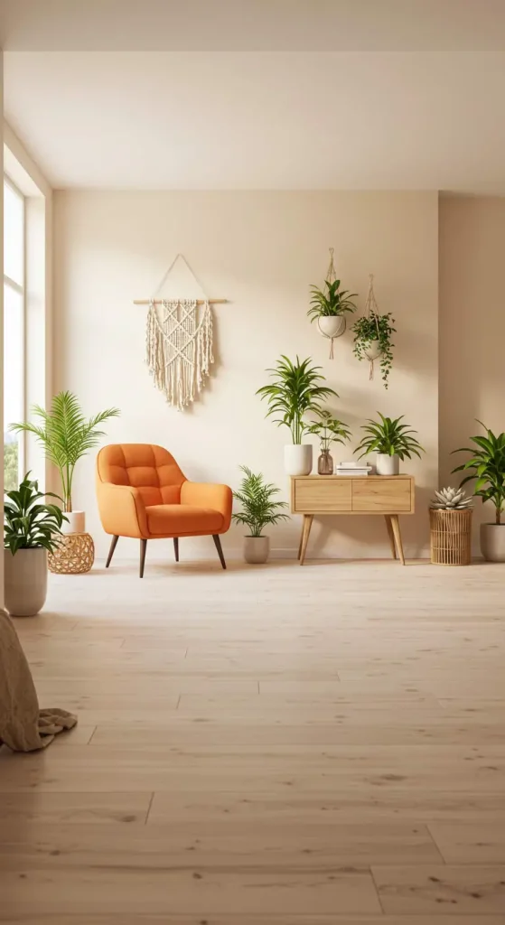 32 Vibrant Boho Living Room Orange and Green Ideas to Inspire 8 8. Minimalist Base with Bright Pops