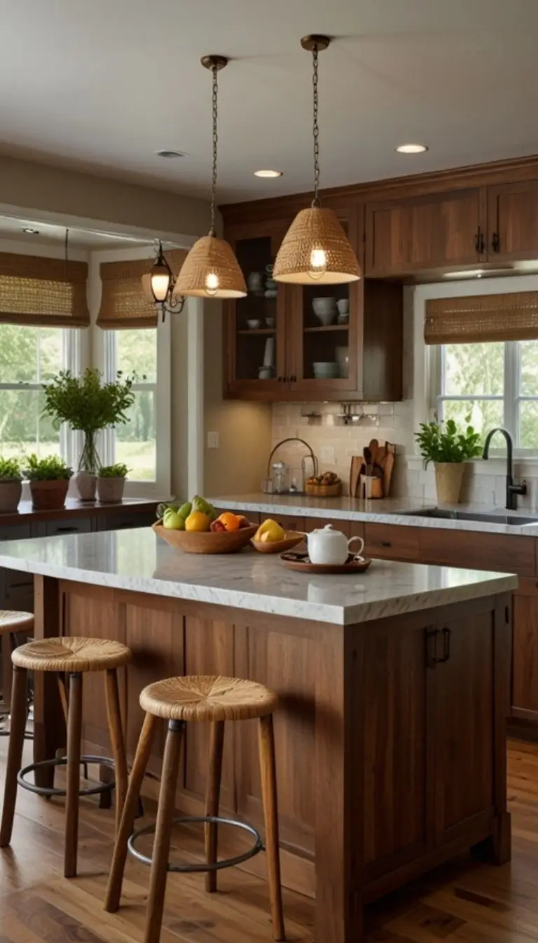 19 Boho Kitchen Brown Cabinet Designs to Inspire Your Next Remodel 11 9. Add Boho Lighting for Ambience