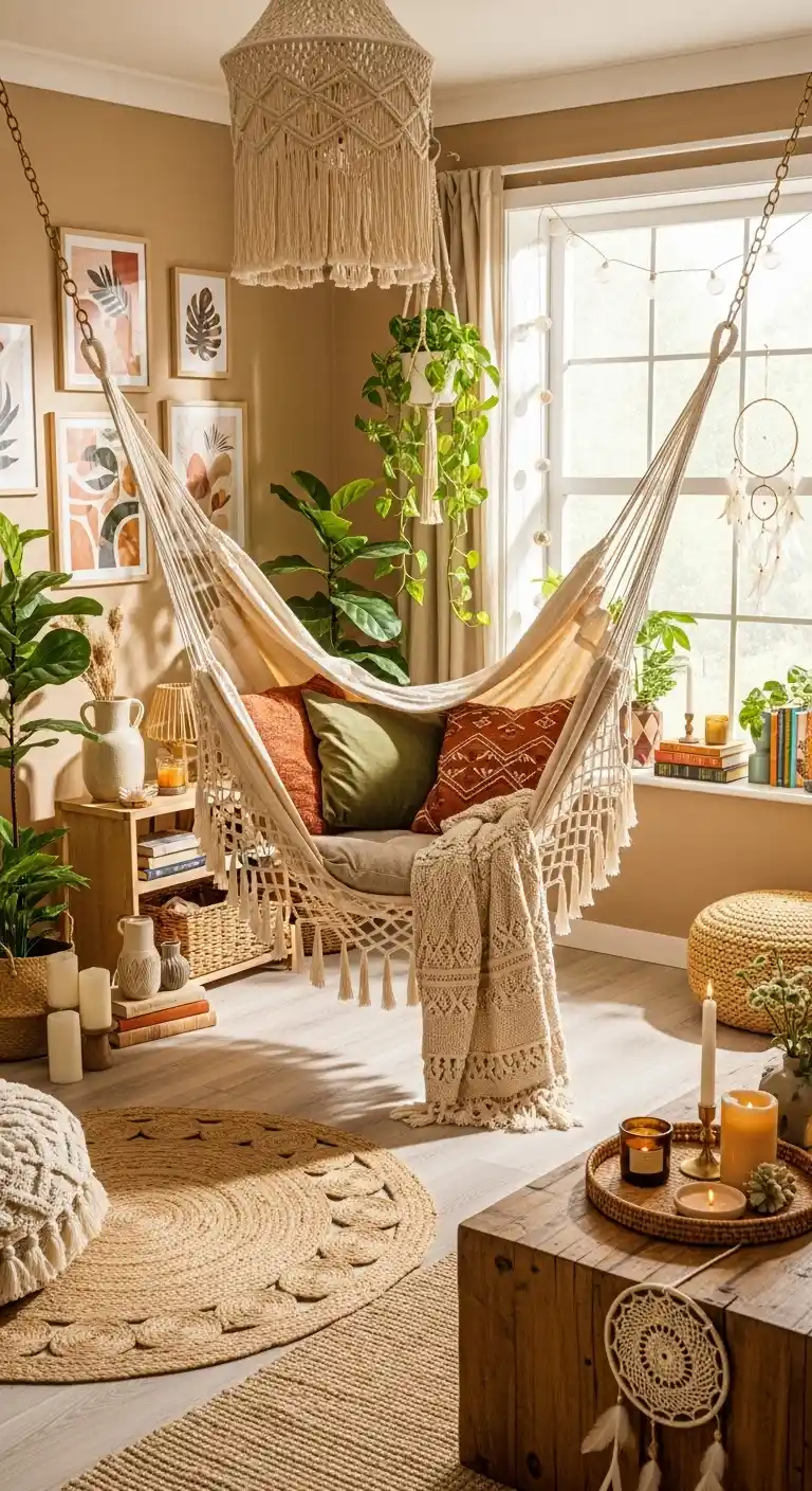 19 Cozy Boho Living Room Hammock Ideas for Relaxation 10 9. Double Hammock Setup