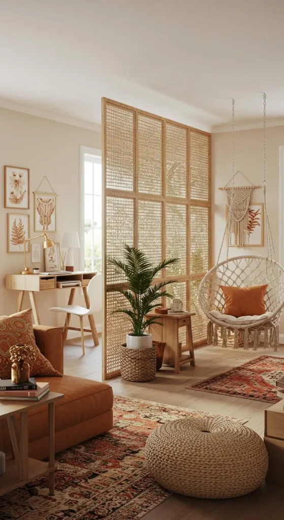 19 Stylish Boho Living Room Office Combo Setups 10 9. Functional Dividers for Privacy