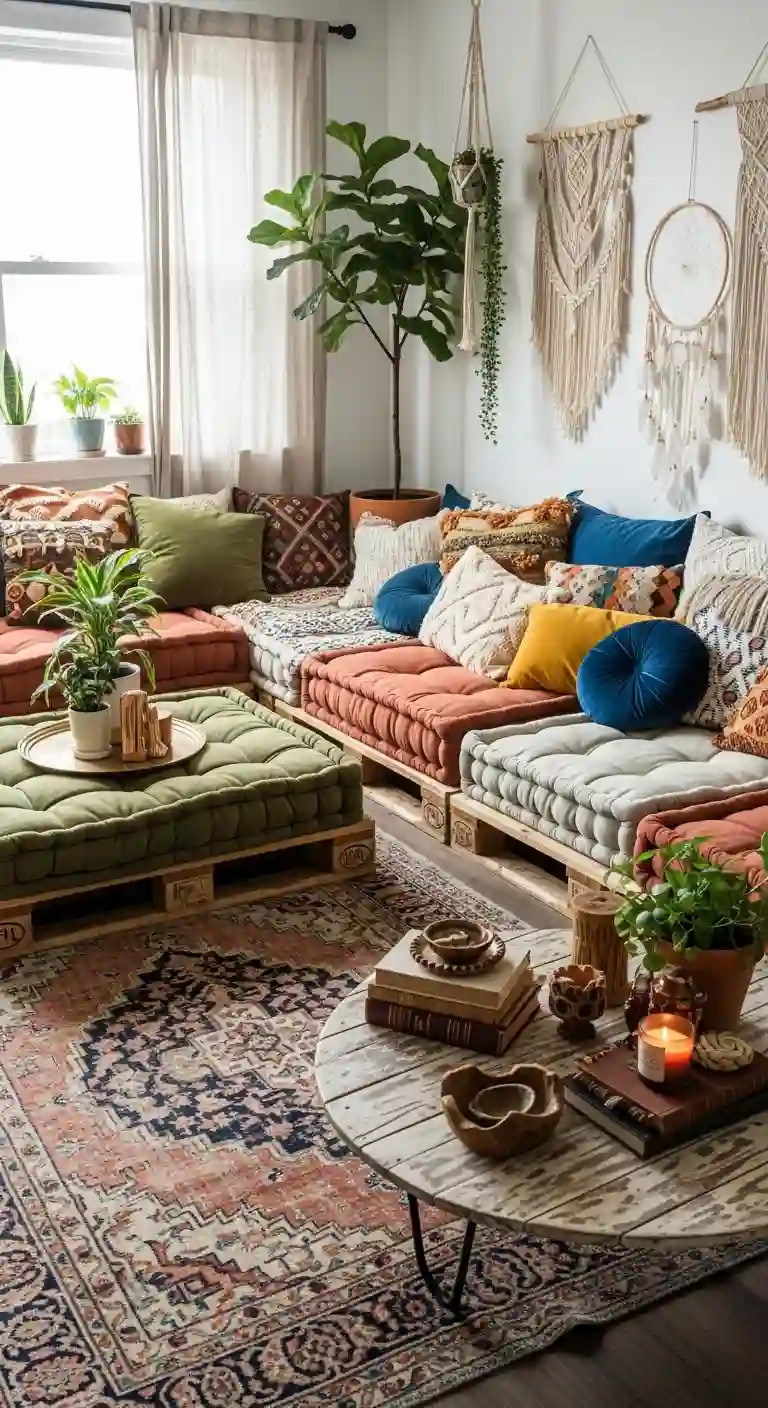 23 Comfy Boho Living Room Floor Seating Ideas for a Relaxed Space 11 9. Pallet Seating Lounge