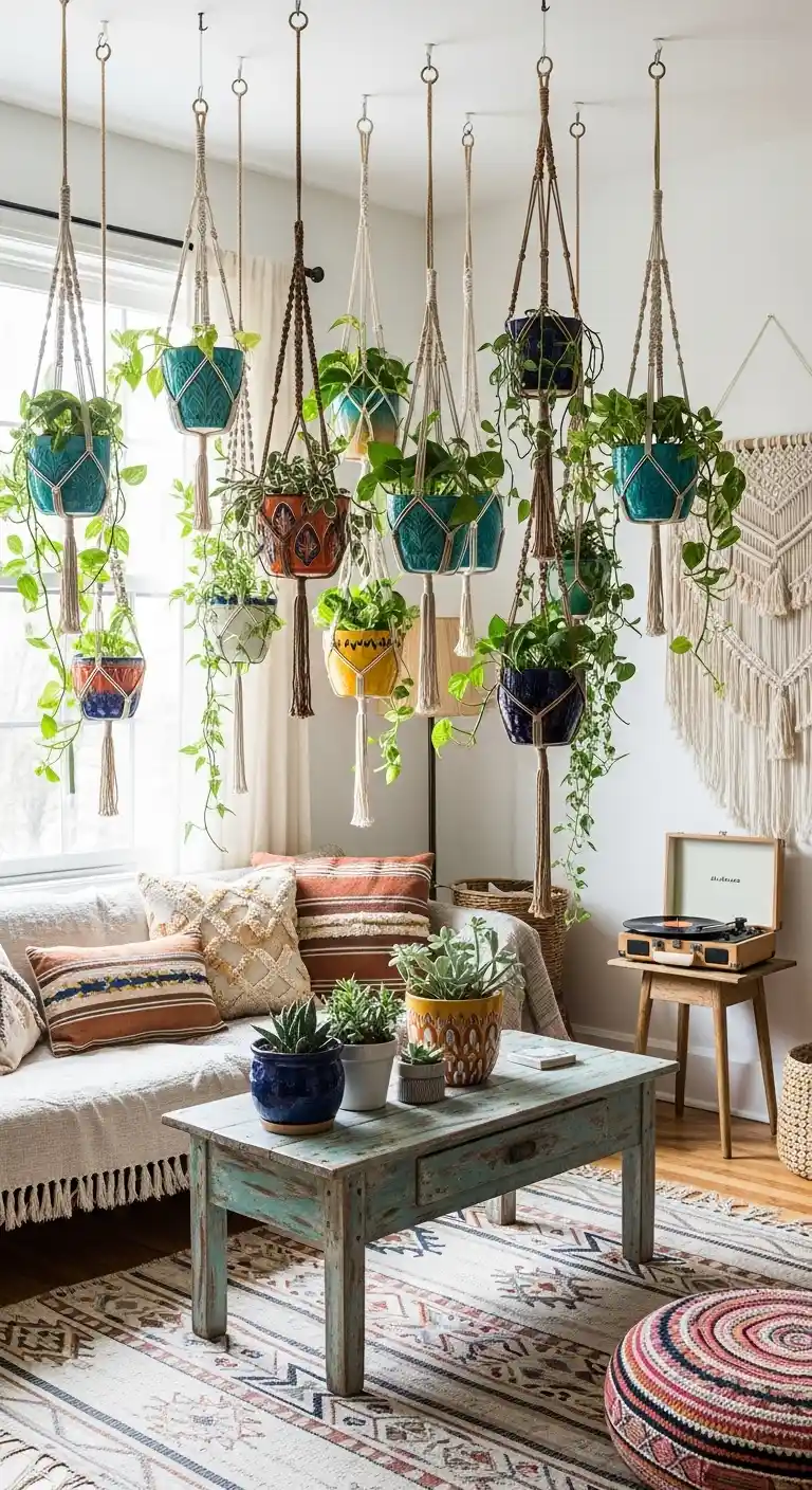 19 Best Ways to Style Boho Living Room Hanging Plants 10 9. Use Colorful Ceramic Pots