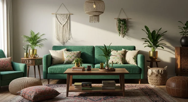 Boho Living Room Emerald Green