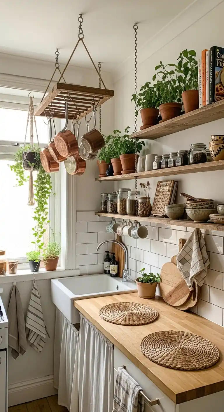 27 Creative Boho Kitchen Apartment Small Space Ideas to Maximize Style 15 14. Use Ceiling-Hung Shelving