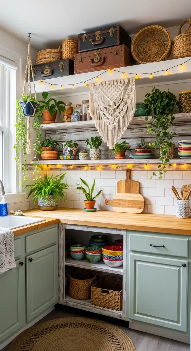 27 Creative Boho Kitchen Apartment Small Space Ideas to Maximize Style 16 15. Utilize Above-Cabinet Space