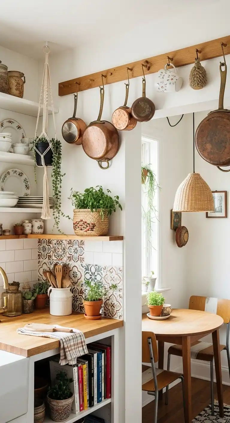 27 Creative Boho Kitchen Apartment Small Space Ideas to Maximize Style 18 17. Add a Wooden Peg Rail