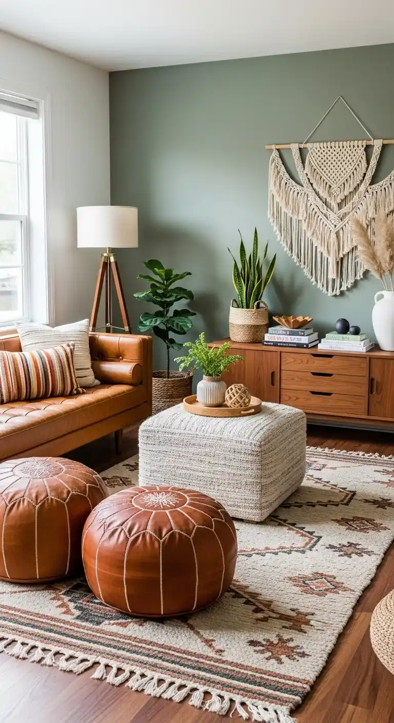 Chic Mid Century Modern Boho Home Decor Ideas to Try: 25 Stylish Tips 15 13. Leather Poufs and Ottomans
