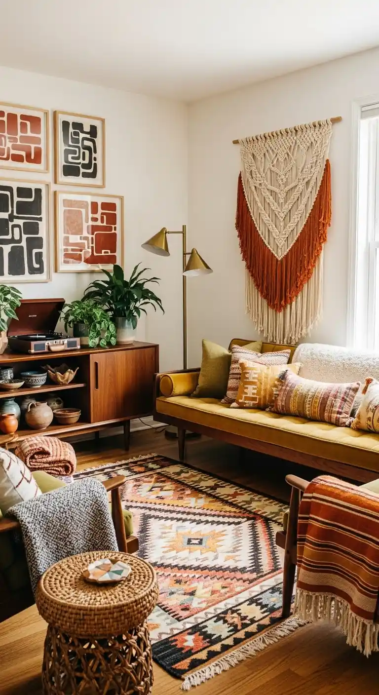 Chic Mid Century Modern Boho Home Decor Ideas to Try: 25 Stylish Tips 16 14. Vintage Textiles as Throws or Wall Hangings