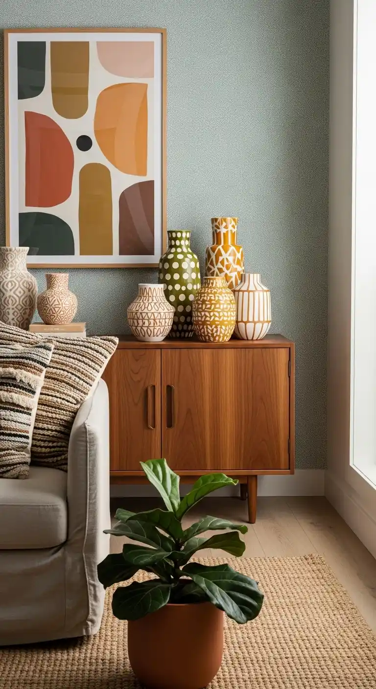 Chic Mid Century Modern Boho Home Decor Ideas to Try: 25 Stylish Tips 19 17. Patterned Ceramic Vases