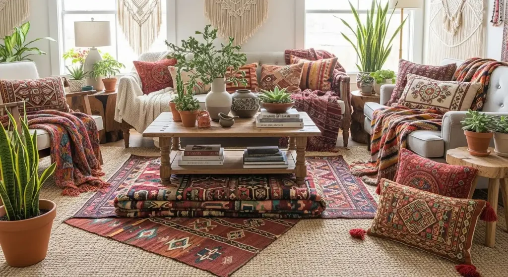 How to Style Boho Living Room Layered Rugs and Textiles 2 Layered Rugs and Textiles Are Essential in a Boho Living Room