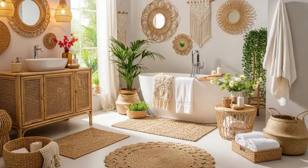 Boho Natural Fiber Bathroom Decor with Baskets & Mats 2 Layering Soft Textiles with Natural Fibers