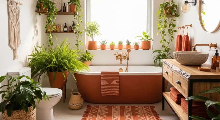 boho bathroom greenery and terracotta