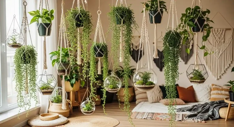 boho hanging plants and terrariums