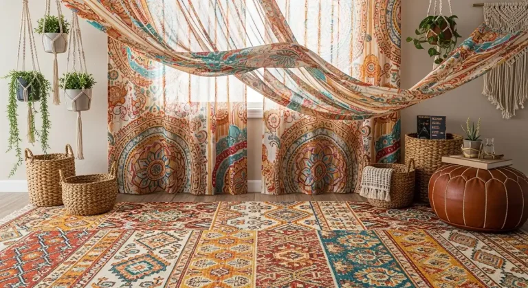 boho mixing patterns rug runner curtain