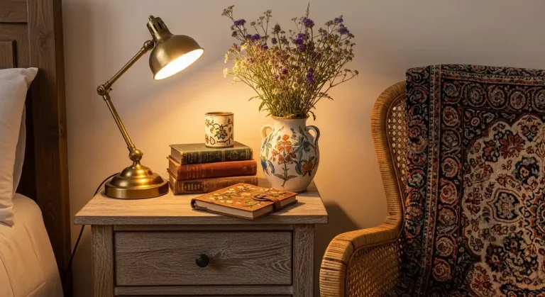 boho nightstand styling with vintage decor