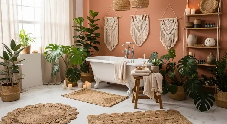boho spa bathroom earthy colors